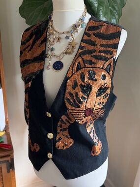 Modi Vintage Embellished Tiger Sequin Vest - Black & Copper L